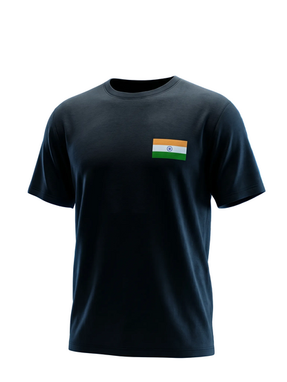 Black t-shirt with a small flag patch in front of a futuristic control room background