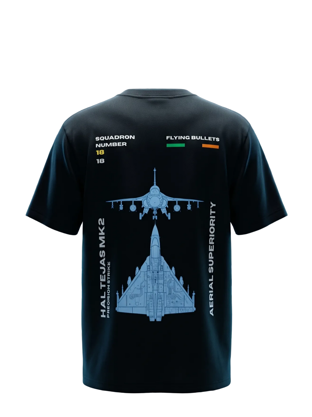 Black t-shirt with military aircraft design and text in front of a digital interface background