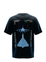 Black t-shirt with military aircraft design and text in front of a digital interface background