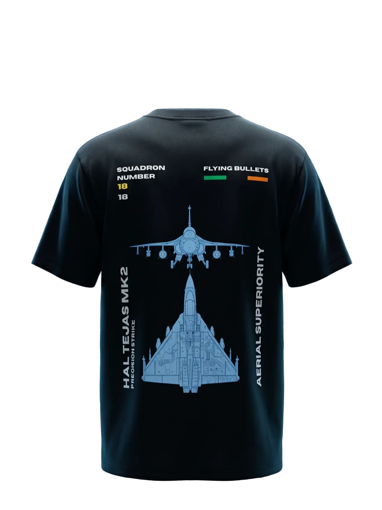 Black t-shirt with military aircraft design and text in front of a digital interface background