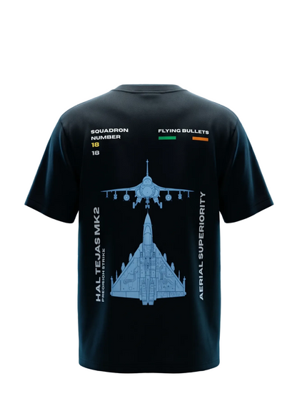 Black t-shirt with military aircraft design and text in front of a digital interface background
