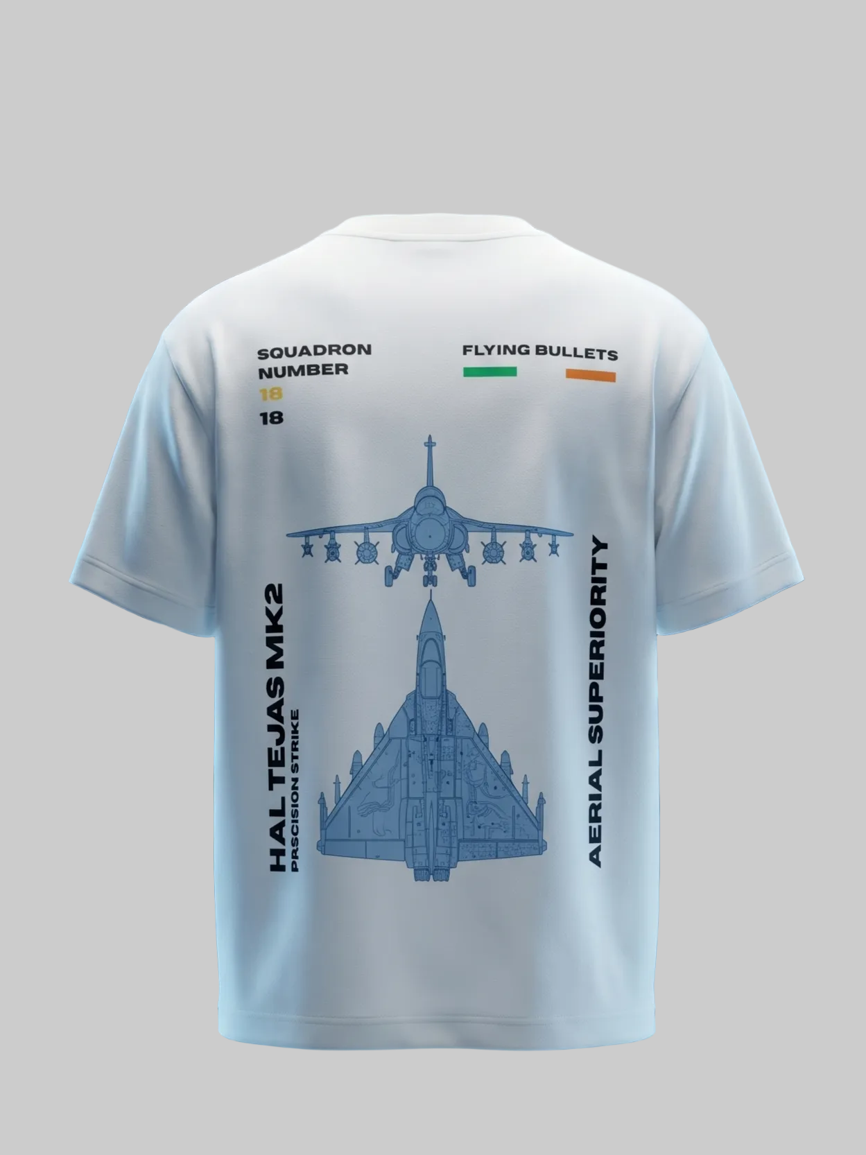 White t-shirt with military aircraft design and text on a digital background