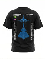 Black t-shirt with blue airplane design and text 