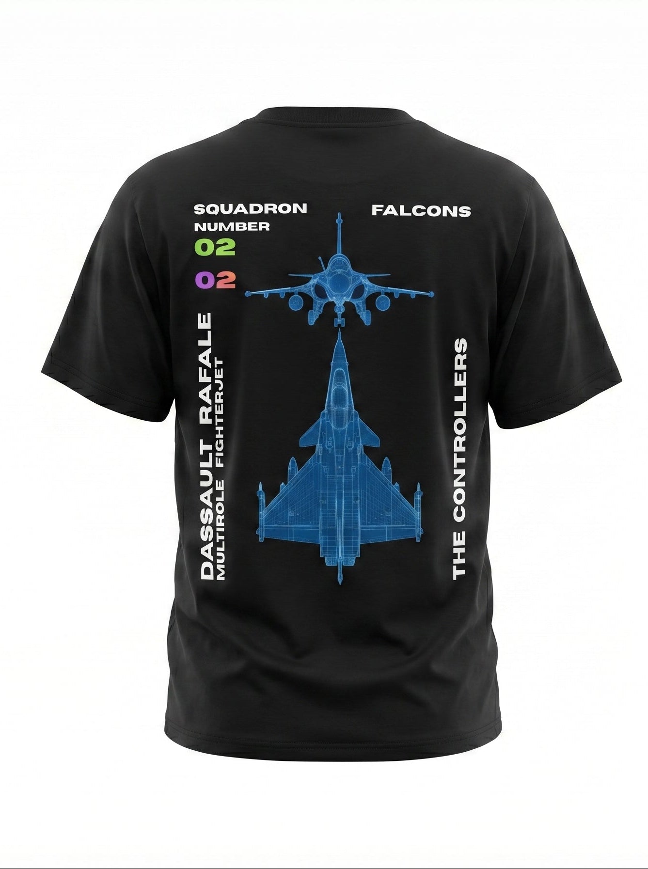 Black t-shirt with blue airplane design and text 