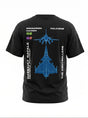 Black t-shirt with blue airplane design and text 