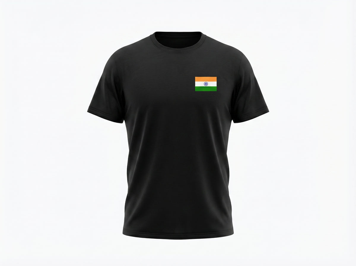 Black t-shirt with a small flag patch on a white background