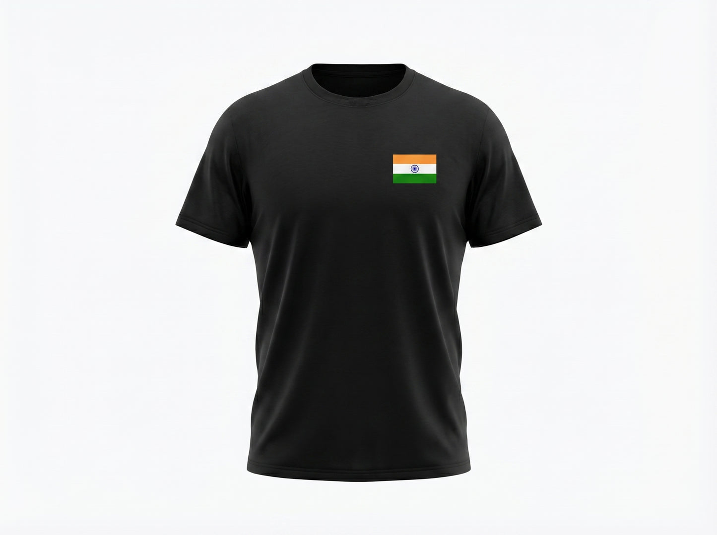 Black t-shirt with a small flag patch on a white background