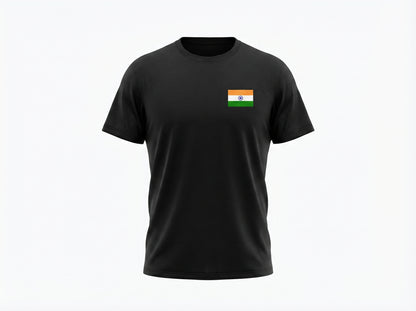 Black t-shirt with a small flag patch on a white background
