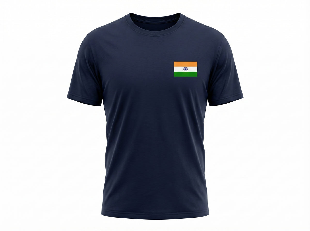 Navy blue t-shirt with a small flag patch on the chest against a white background
