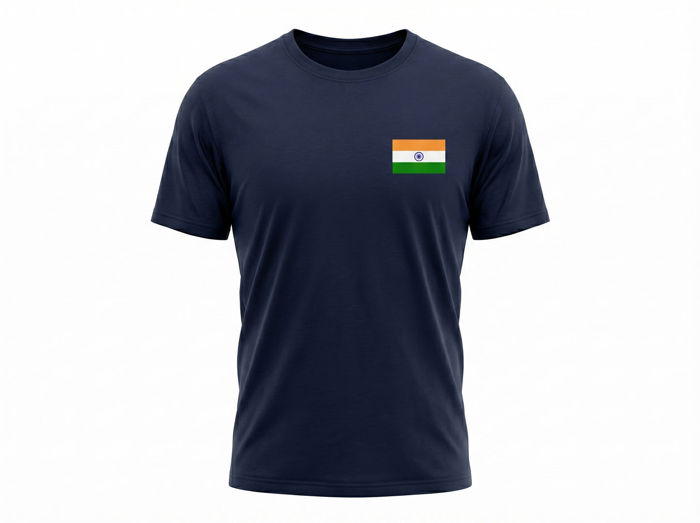 Navy blue t-shirt with a small flag patch on the chest against a white background