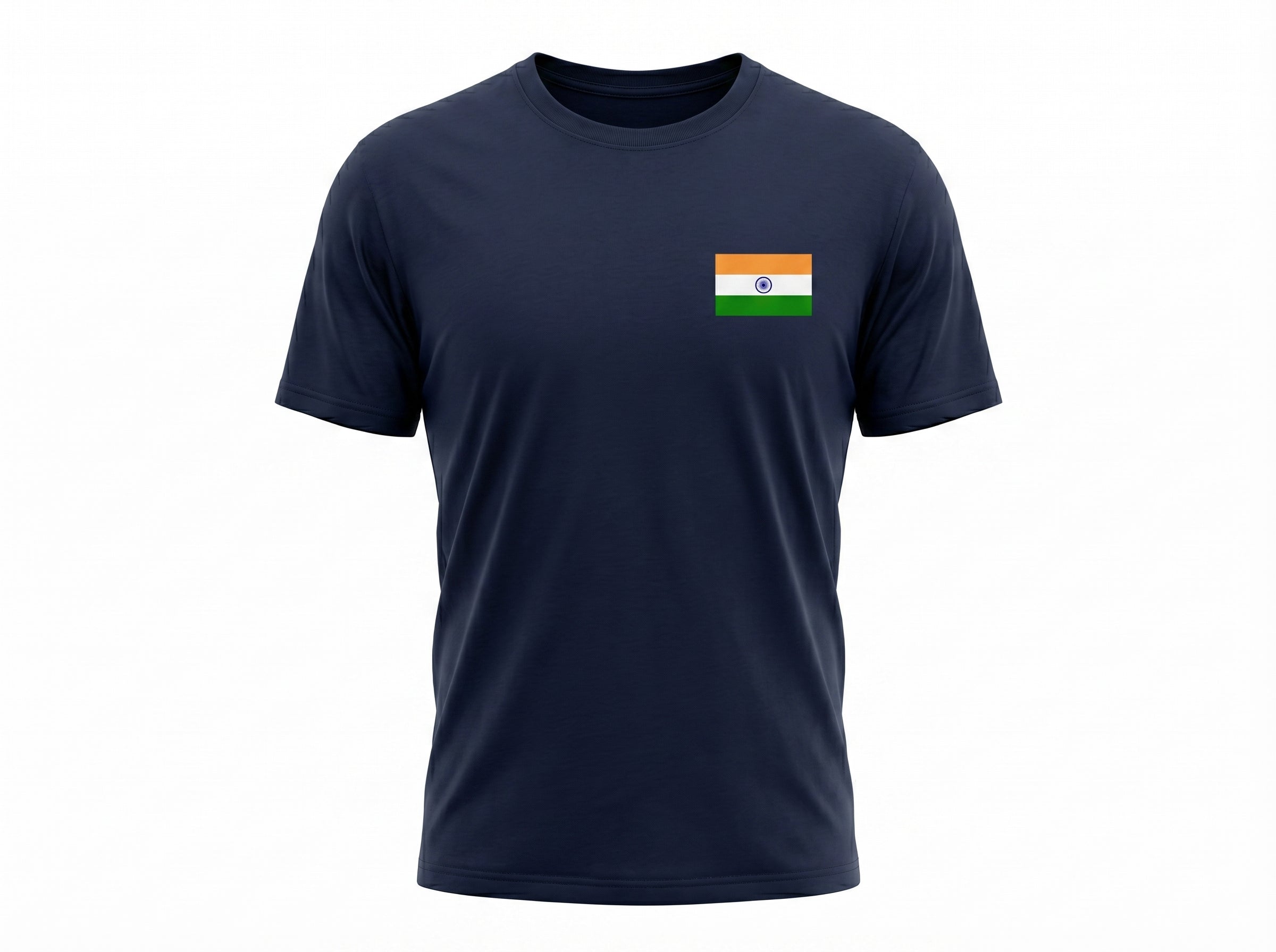Navy blue t-shirt with a small flag patch on the chest against a white background