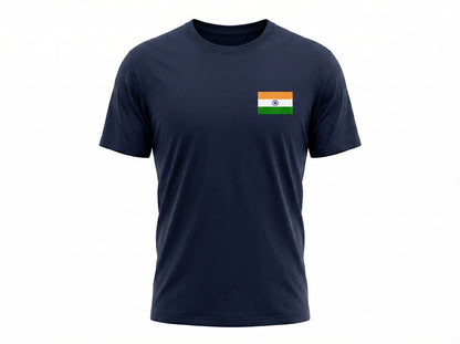 Navy blue t-shirt with a small flag patch on the chest against a white background
