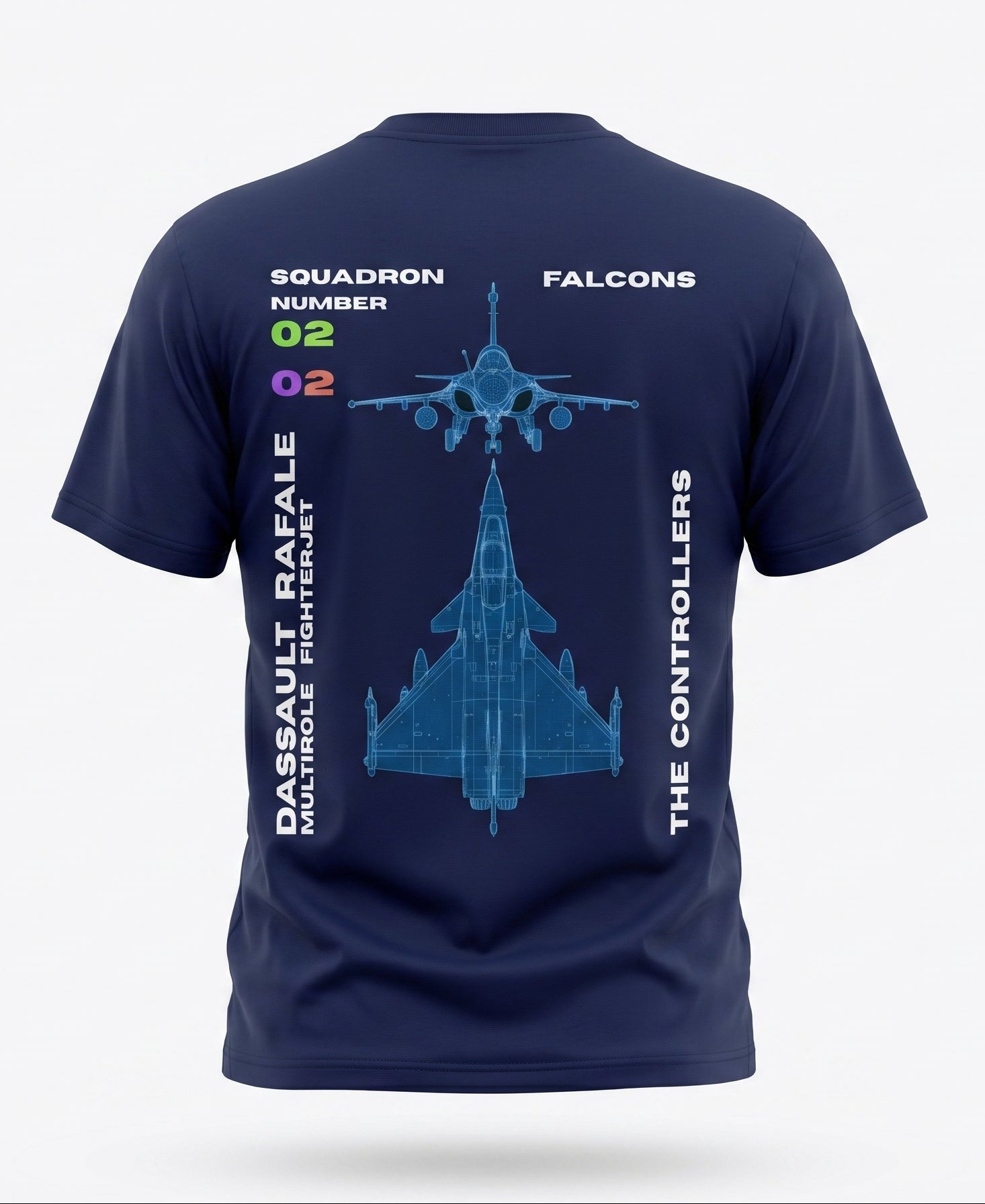 Navy blue t-shirt with fighter jet design and text