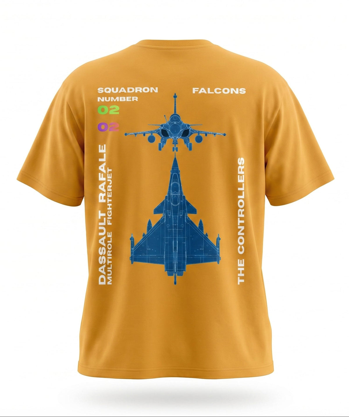 Yellow t-shirt with fighter jet design and text