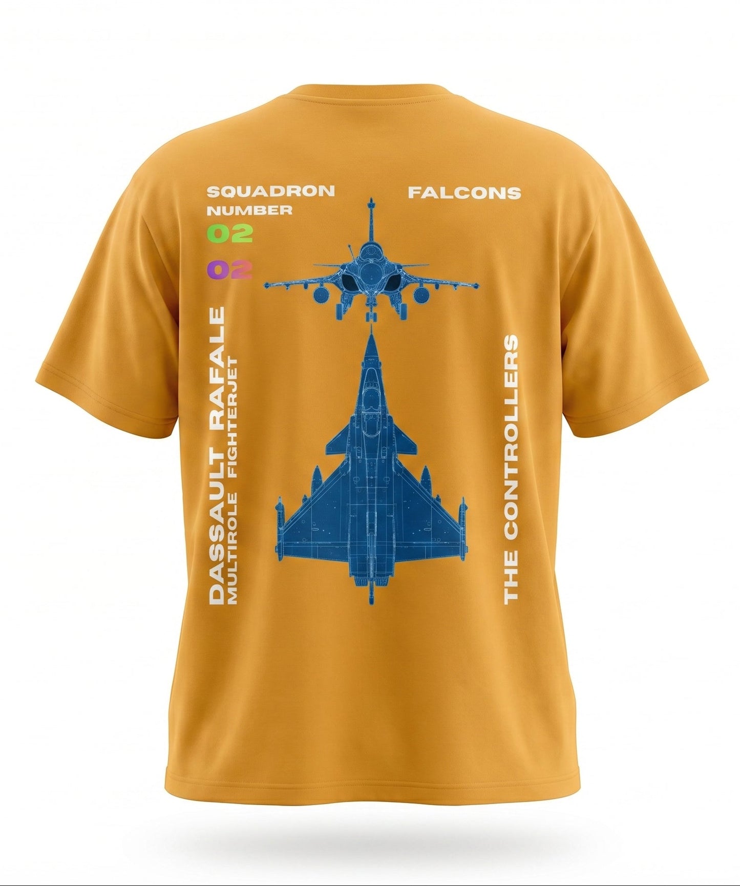 Yellow t-shirt with fighter jet design and text