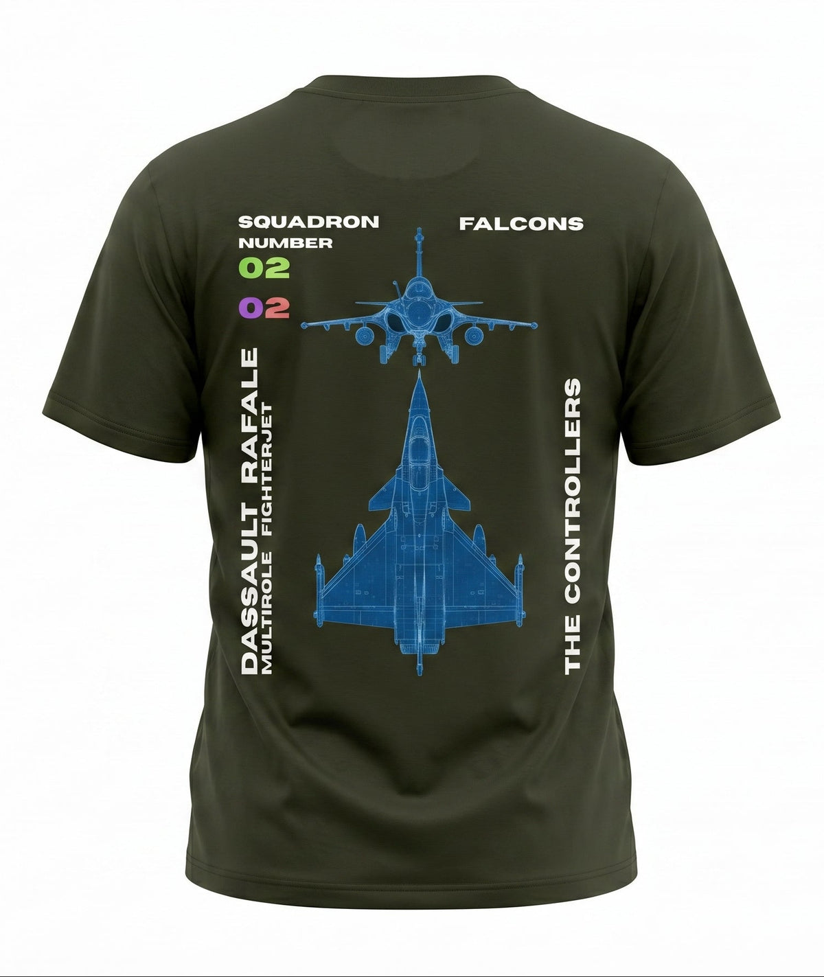Green t-shirt with military aircraft design and text 