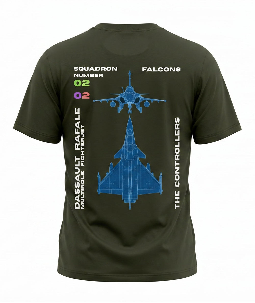 Green t-shirt with military aircraft design and text 
