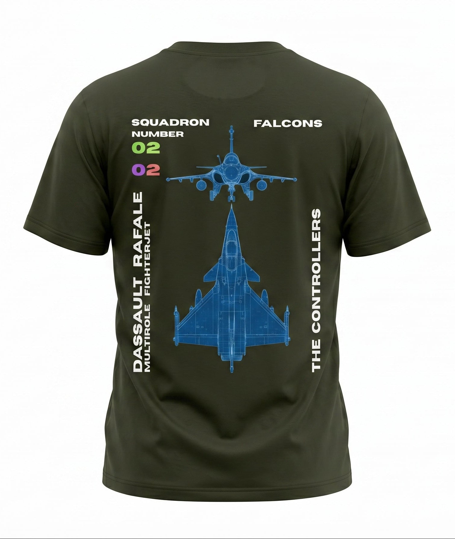 Green t-shirt with military aircraft design and text 
