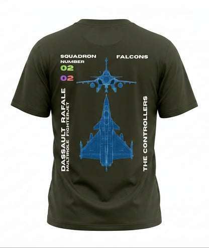 Green t-shirt with military aircraft design and text 