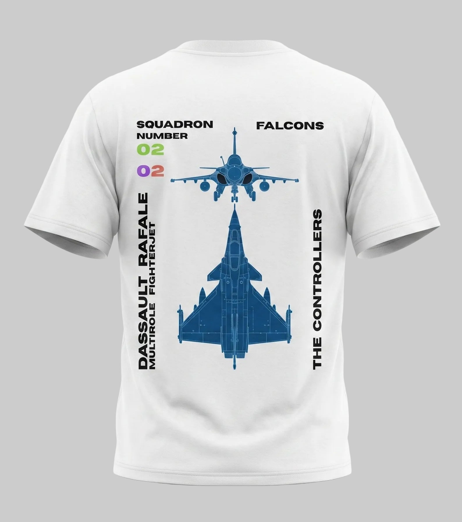 White t-shirt with blue airplane design and text