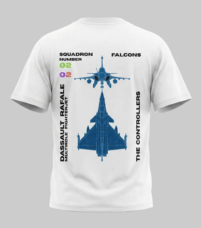 White t-shirt with blue airplane design and text
